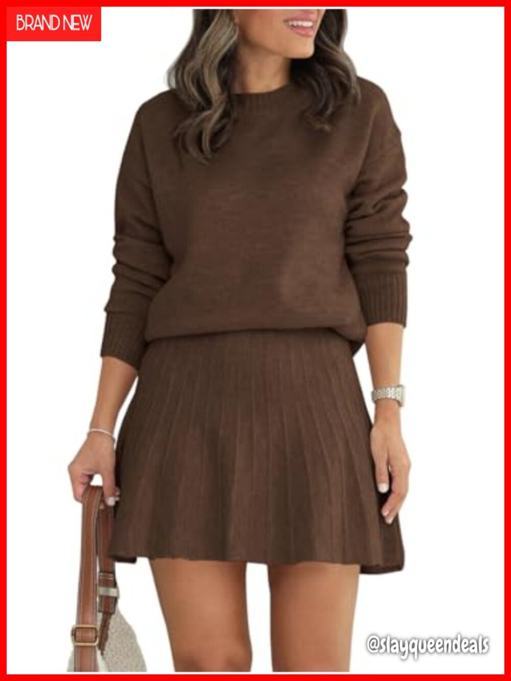 Womens 2 Piece Knit Sweater Set Pleated Mini Skirt Long Sleeve Fall Winter